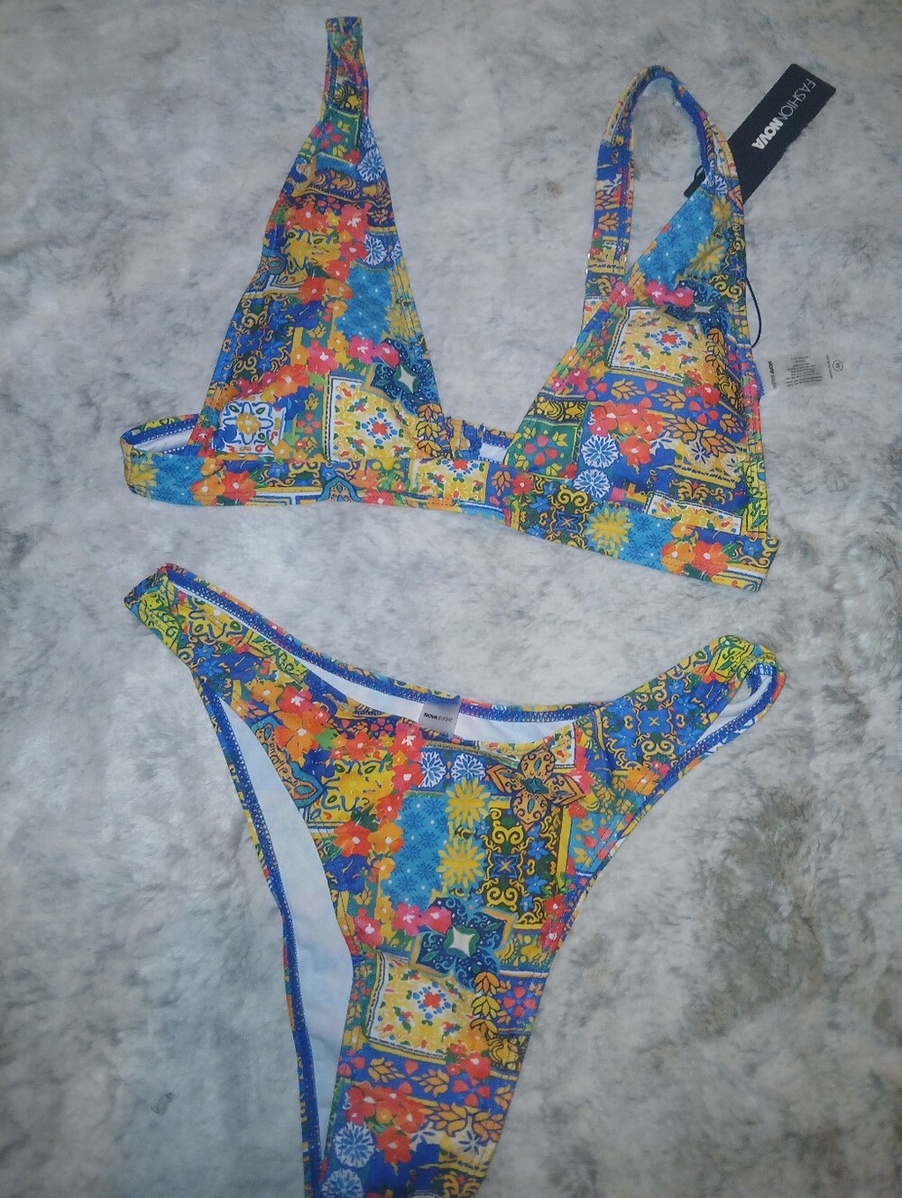 Fashion Nova Blue Multi Floral Patchwork Bikini Set